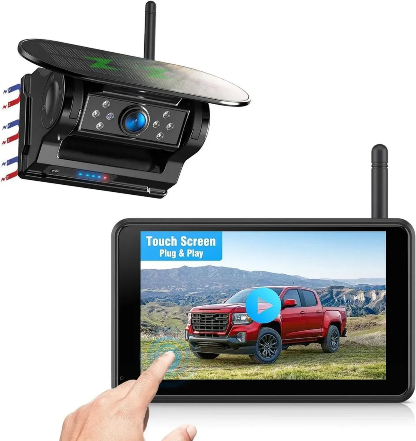 Kabellose 5' Rückfahrkamera mit Solar, 1080P Touchscreen, Nachtsicht, IP69K wasserdicht für Auto, LKW, Anhänger, Wohnmobil