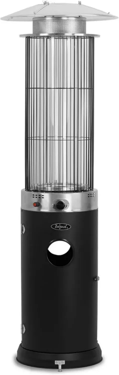 Zelsius 15 kW Terrassenheizstrahler mit Glasröhre – Schwarz, Ø 57 x H 174 cm, Spiralflamme, Gasbetrieben