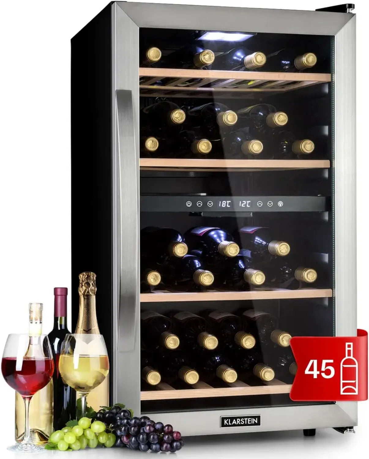Klarstein Zweizonen-Weinkühlschrank mit UV-Schutz, 45 Flaschen Kapazität, Freistehend und Glastür, 5-18 °C
