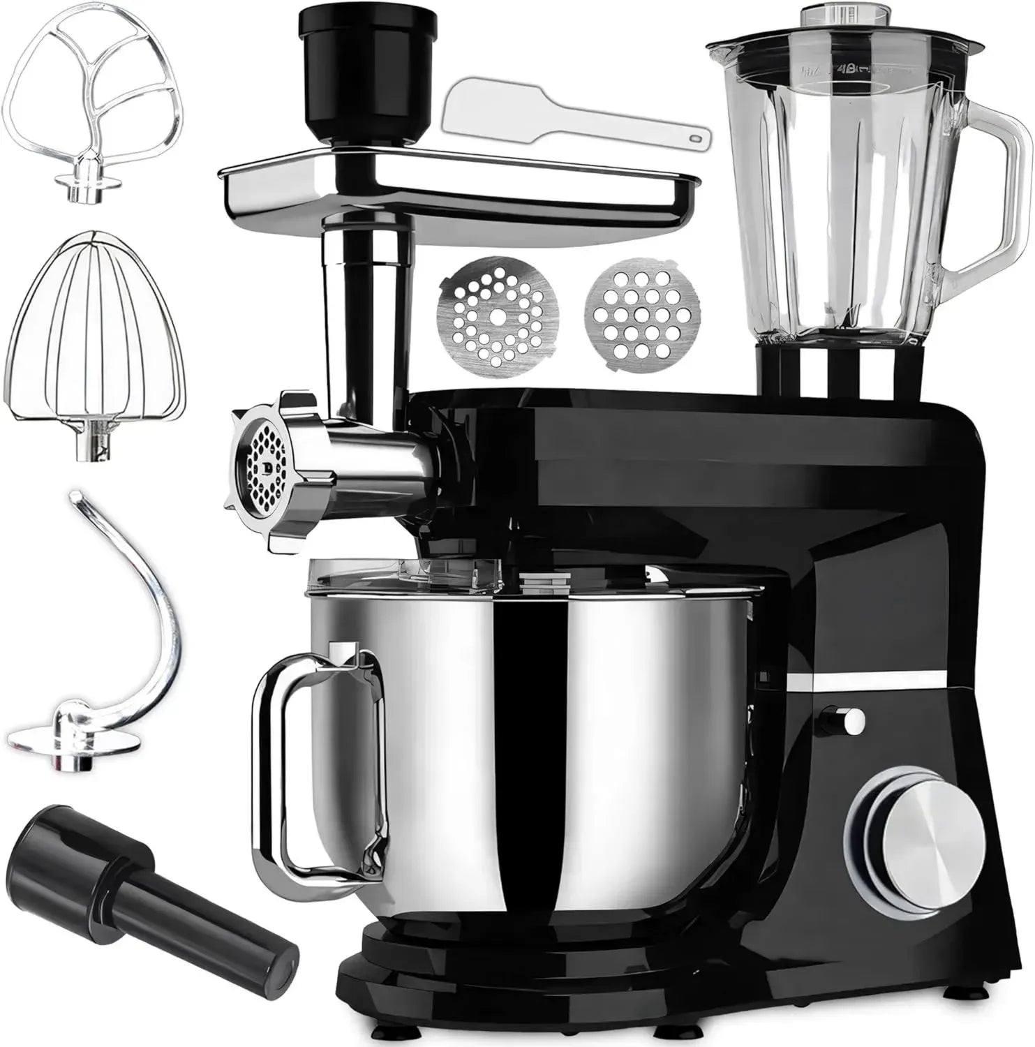 Retoo Multifunktionale Küchenmaschine 3-in-1, 1500W, 6L Edelstahl-Schüssel, Fleischwolf, Knetmaschine, 6 Geschwindigkeiten, inkl. Spritzschutz, Knethaken und Schneebesen
