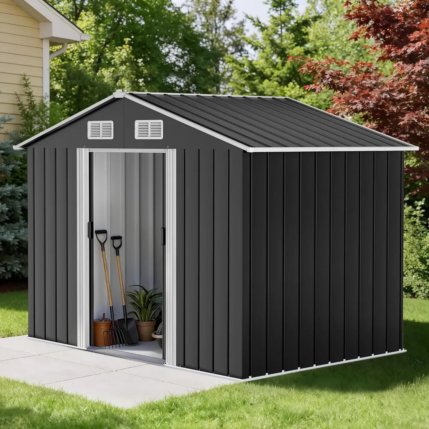 Wetterfester Metall-Geräteschuppen 196x132x187cm mit Schiebetür und Satteldach, Rostfreier Gartenhaus aus verzinktem Stahl