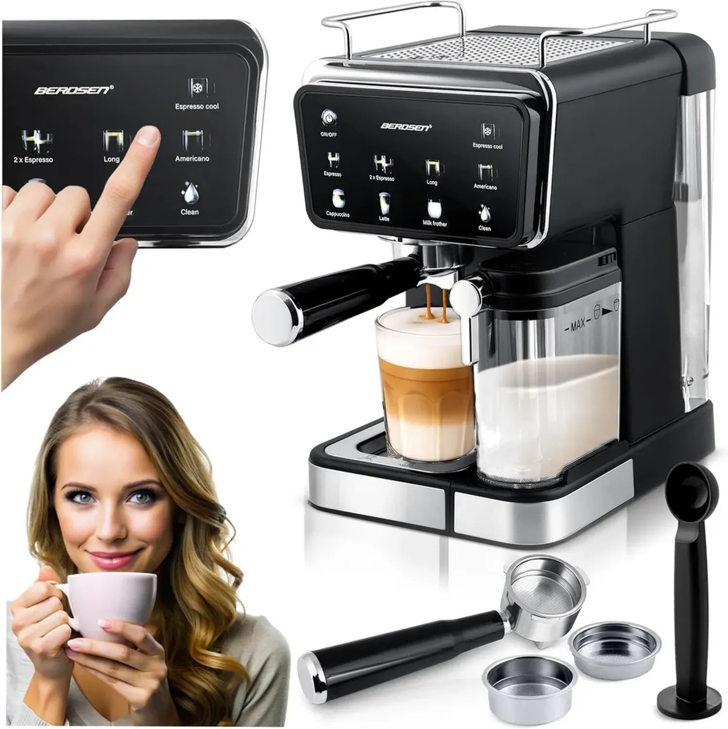 Berdsen Espressomaschine 20 Bar, 1350W - Siebträgermaschine mit Milchaufschäumer und Selbstreinigung, Edelstahl Matt Schwarz