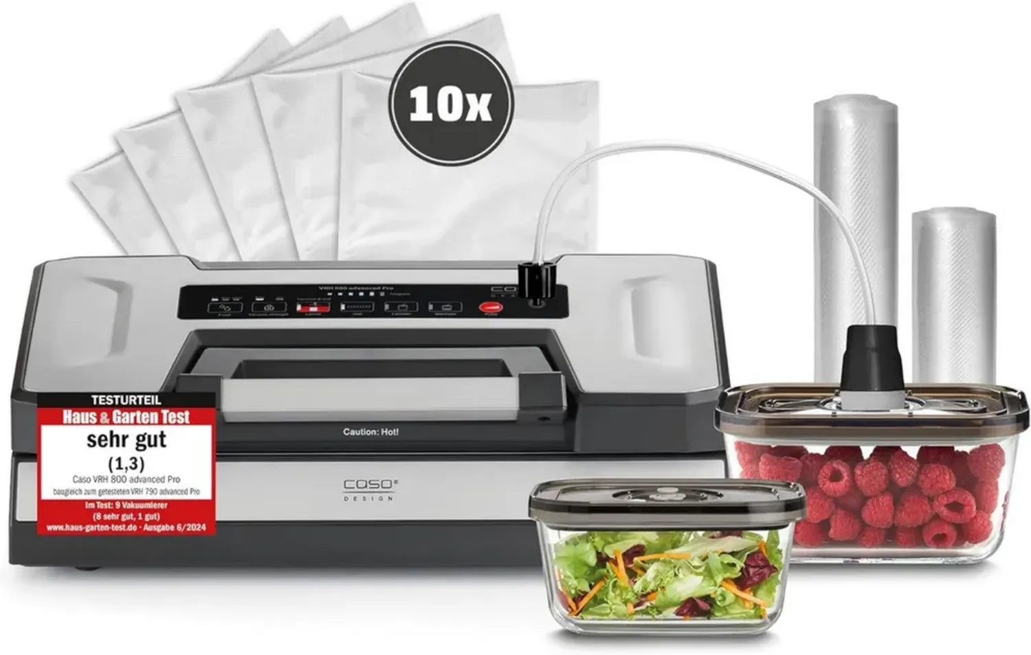 CASO VRH 800 Pro Vakuumiergerät – Flüssigkeitssicherung, Doppelkolbenpumpe 20 l/min, -0,9 bar, 30 cm Schweißnaht, mit Rollenfach und Schneidvorrichtung, Edelstahl für Fleisch und Fisch