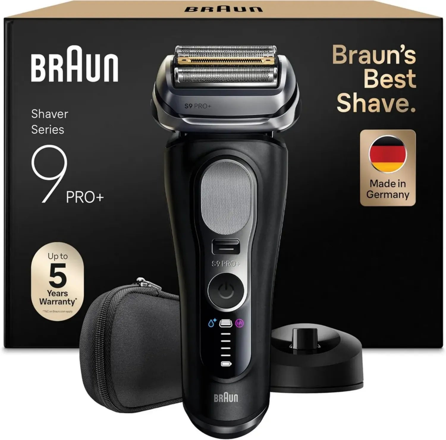 Braun Series 9 PRO+ Herrenrasierer, Präzisionsscherkopf, Pro-SensoAdapt, 60 Min. Akkulaufzeit, Nass- und Trockenanwendung, inklusive Ladestation, Hergestellt in Deutschland, Schwarz