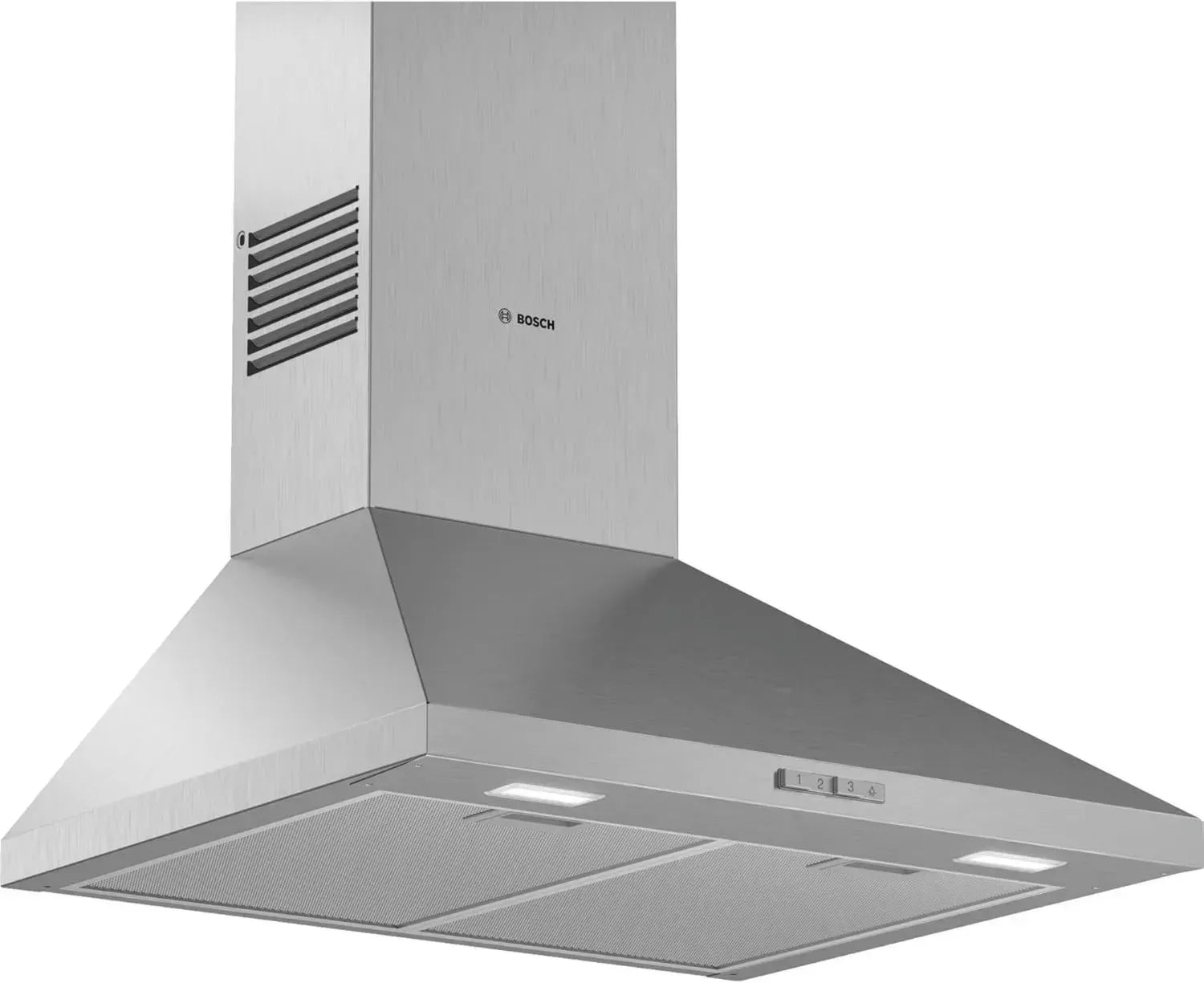 Bosch DWP66BC50 Wandhaube, Umluft und Abluft, LED-Beleuchtung, gleichmäßige Ausleuchtung, Drucktasten, 3 Geschwindigkeiten, spülmaschinengeeigneter Metallfettfilter, Serie 2, 60 cm