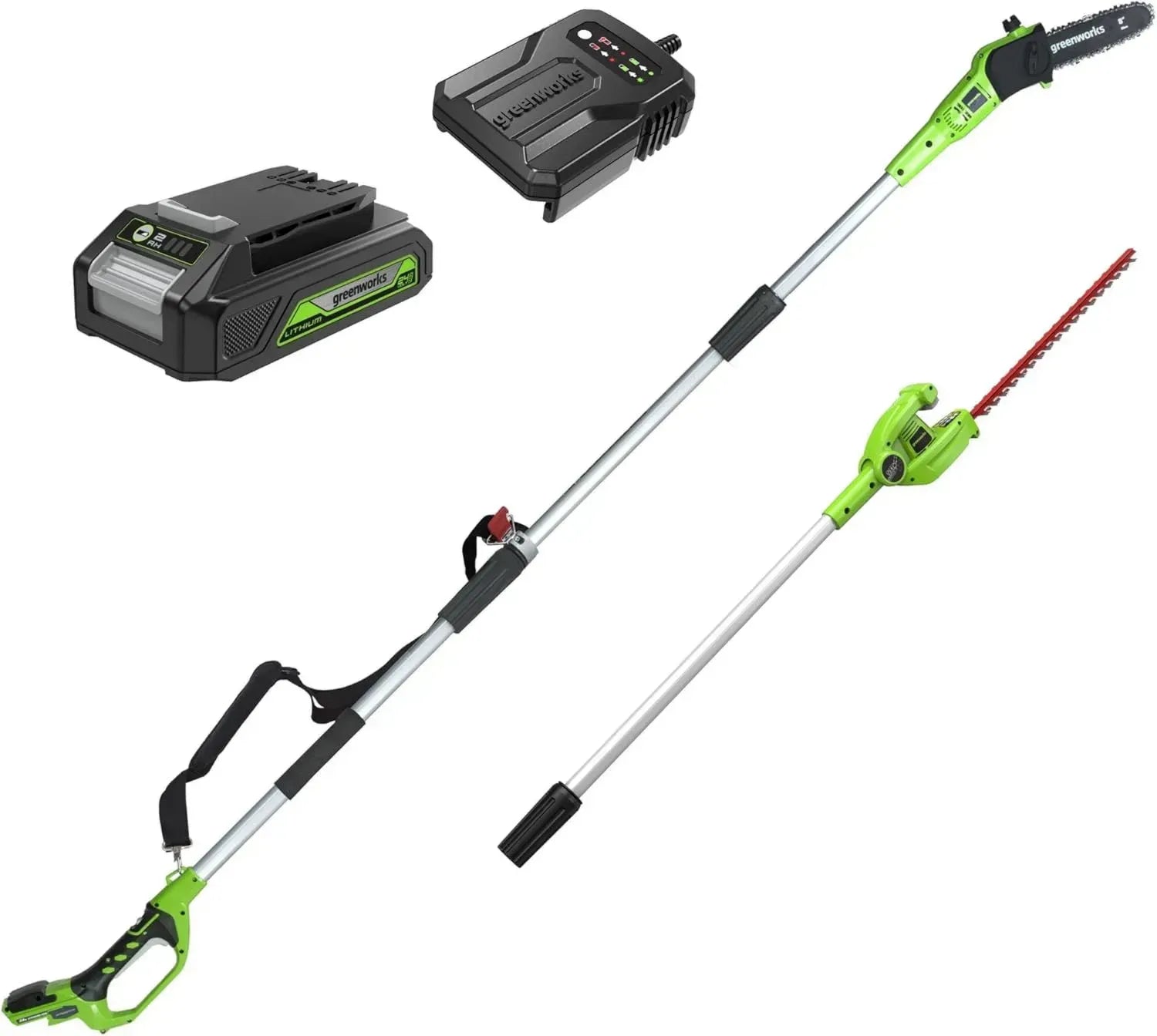 Greenworks 24V Akku-Stabheckenschere & Hochentaster Set, inkl. Schultergurt, 51 cm Doppelklingen, 20 cm Astsäge, 2Ah Akku und Ladegerät, 3 Jahre Garantie