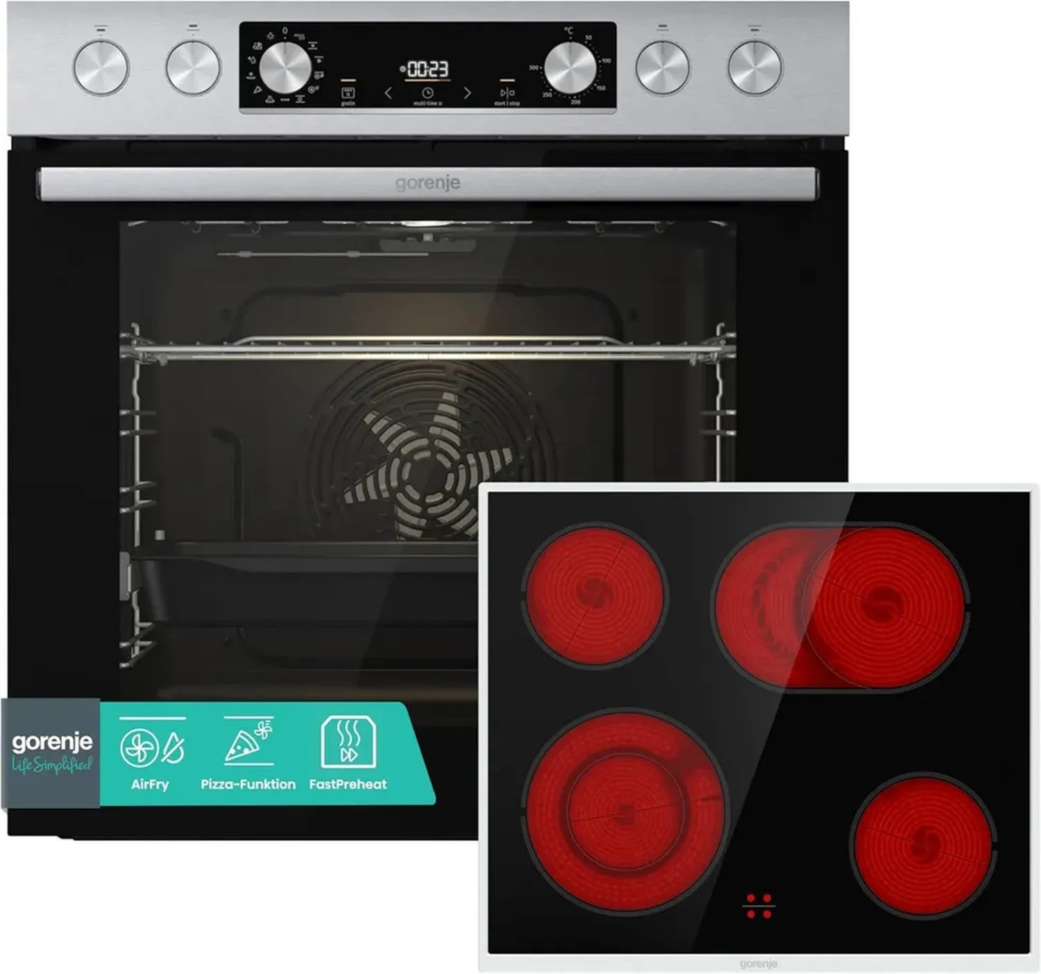 Gorenje Einbauherd-Set mit Heißluft und Glaskeramikfeld, 77L, ExtraSteam, EcoClean, AirFry, PizzaMode, PerfectGrill, Teleskopauszüge, Edelstahl-Design