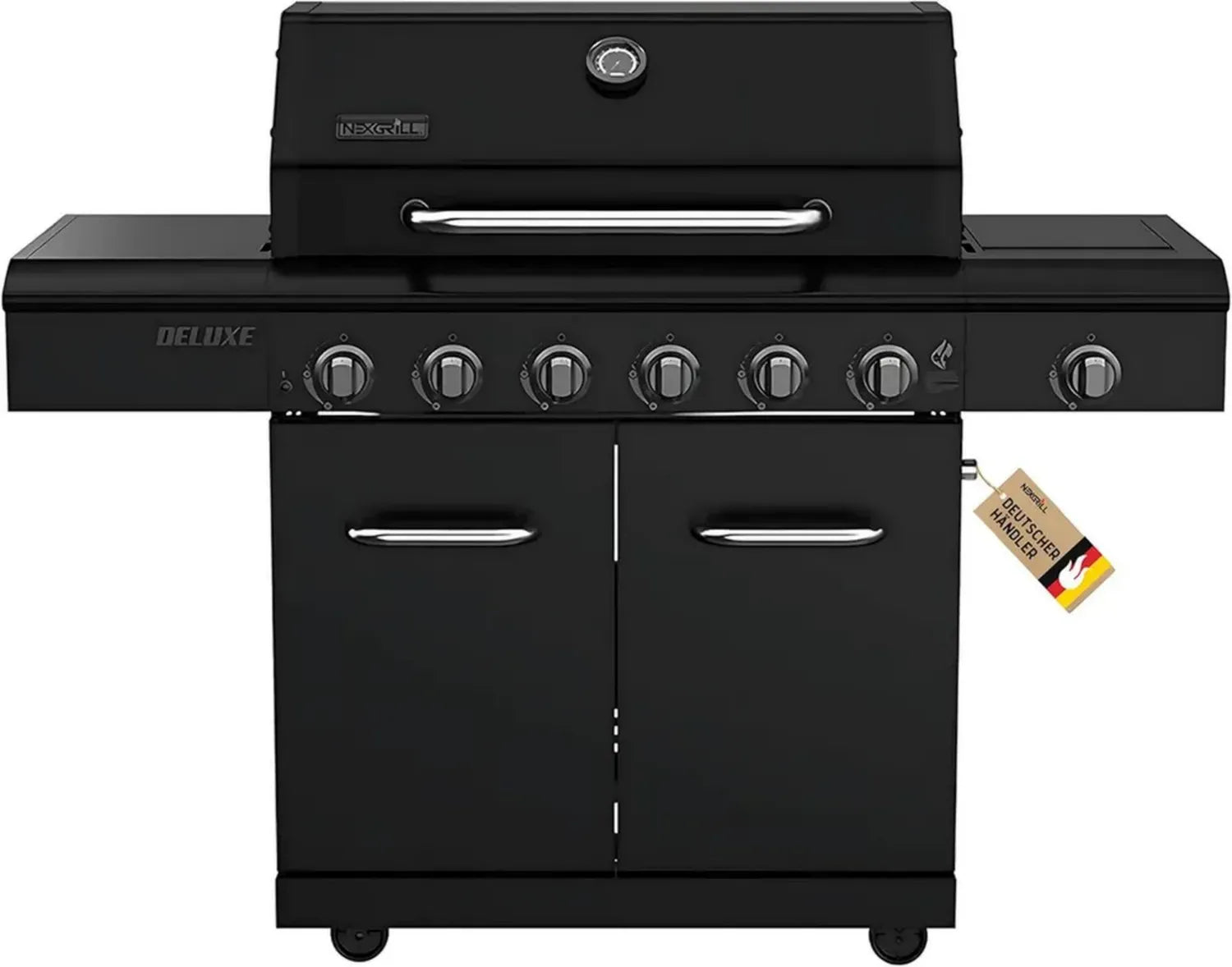 Nexgrill Deluxe 6+1 Gasgrill matt schwarz mit Seitenbrenner und Gusseisenrosten