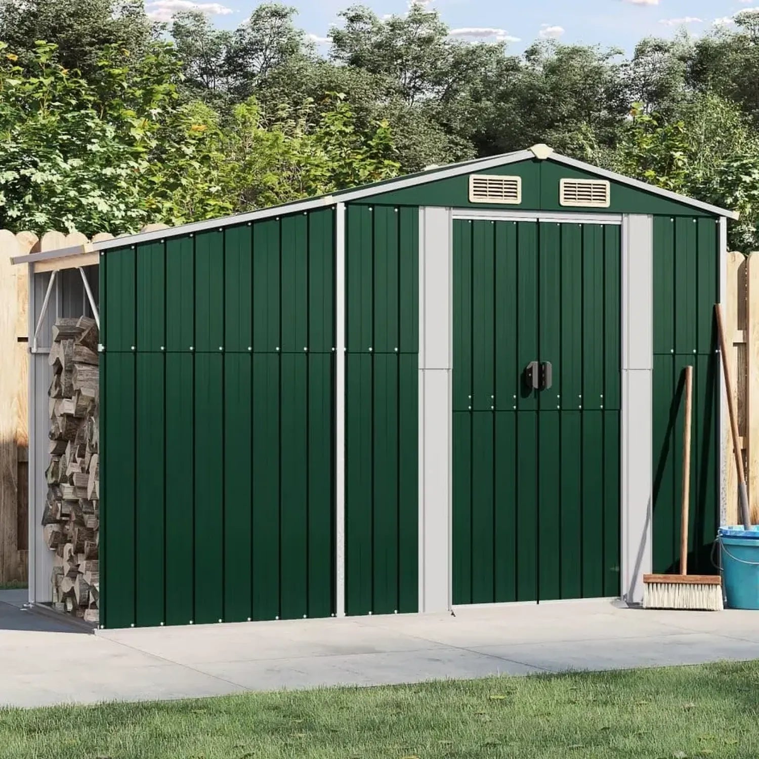 SECOLI Metallgerätehaus mit Bodenplatte, Pultdach, XXL Gartenschuppen aus verzinktem Stahl, Grün, 277 x 93 x 179 cm