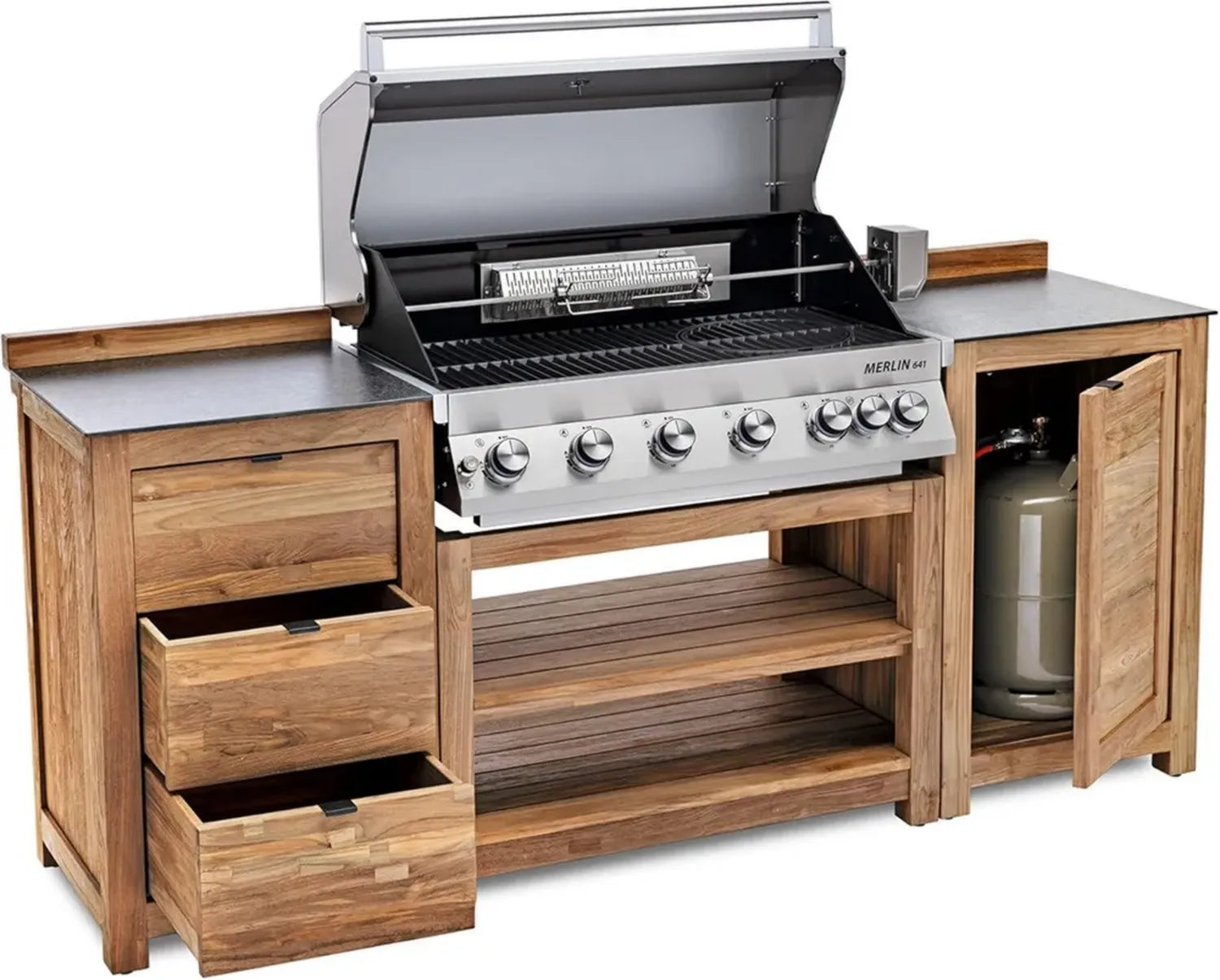 Teakholz Outdoor-Küche Set: 6-Brenner Edelstahl-Gasgrill im Merlin 641 Stil