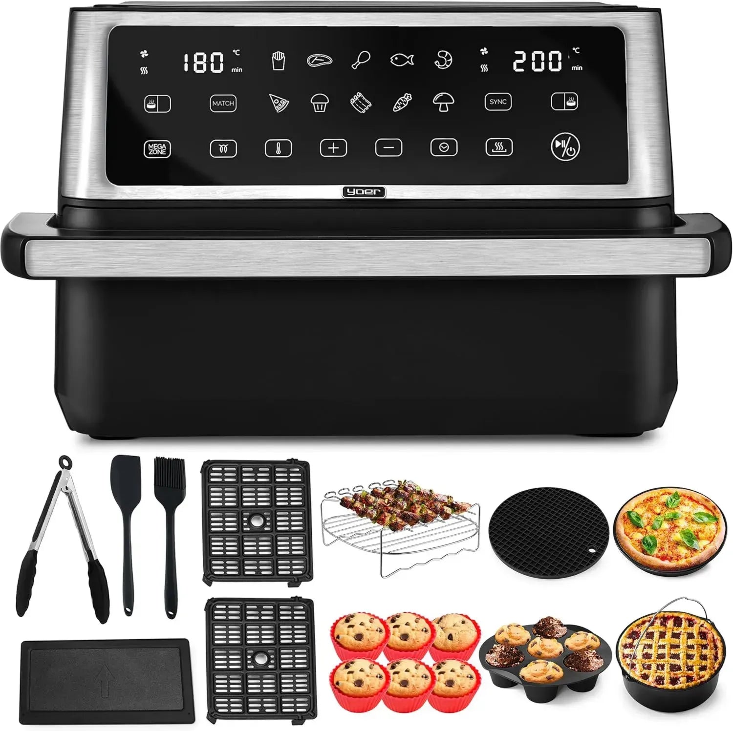 Yoer XXL Heißluftfritteuse 11L, 6-in-1 Air Fryer mit 12 Programmen, Spülmaschinengeeignet, Antihaft, 2800W für 6-8 Personen, Modell MegaCrisp AF03BK, Schwarz