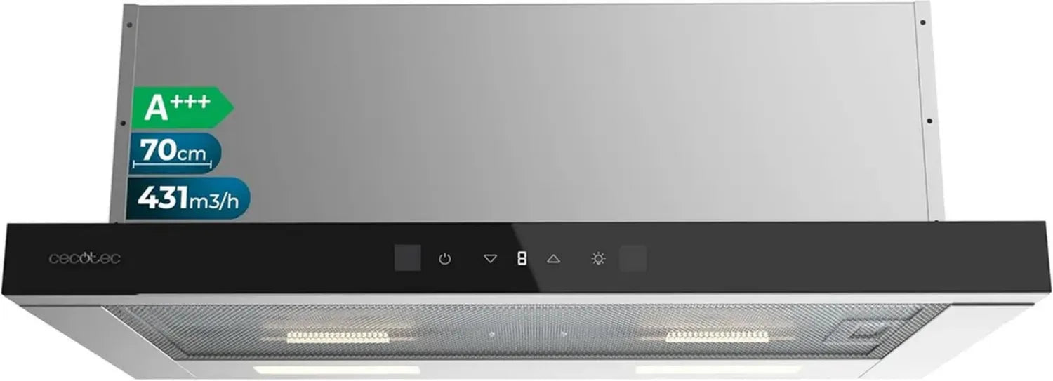 Cecotec Bolero Flux TLT Dunstabzugshaube, 70 cm, Glas, Schwarz, energieeffizient A+++, 431,2 m³/h, DC-Motor, Bewegungs- und Touchsteuerung