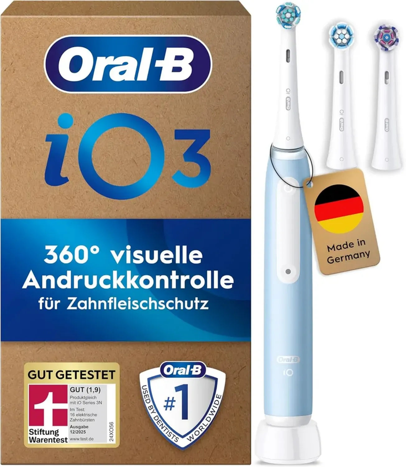 Oral-B iO Serie 3 Plus Elektrische Zahnbürste, 3 Modi, 3 Bürstenköpfe, getestet von Stiftung Warentest, Hellblau