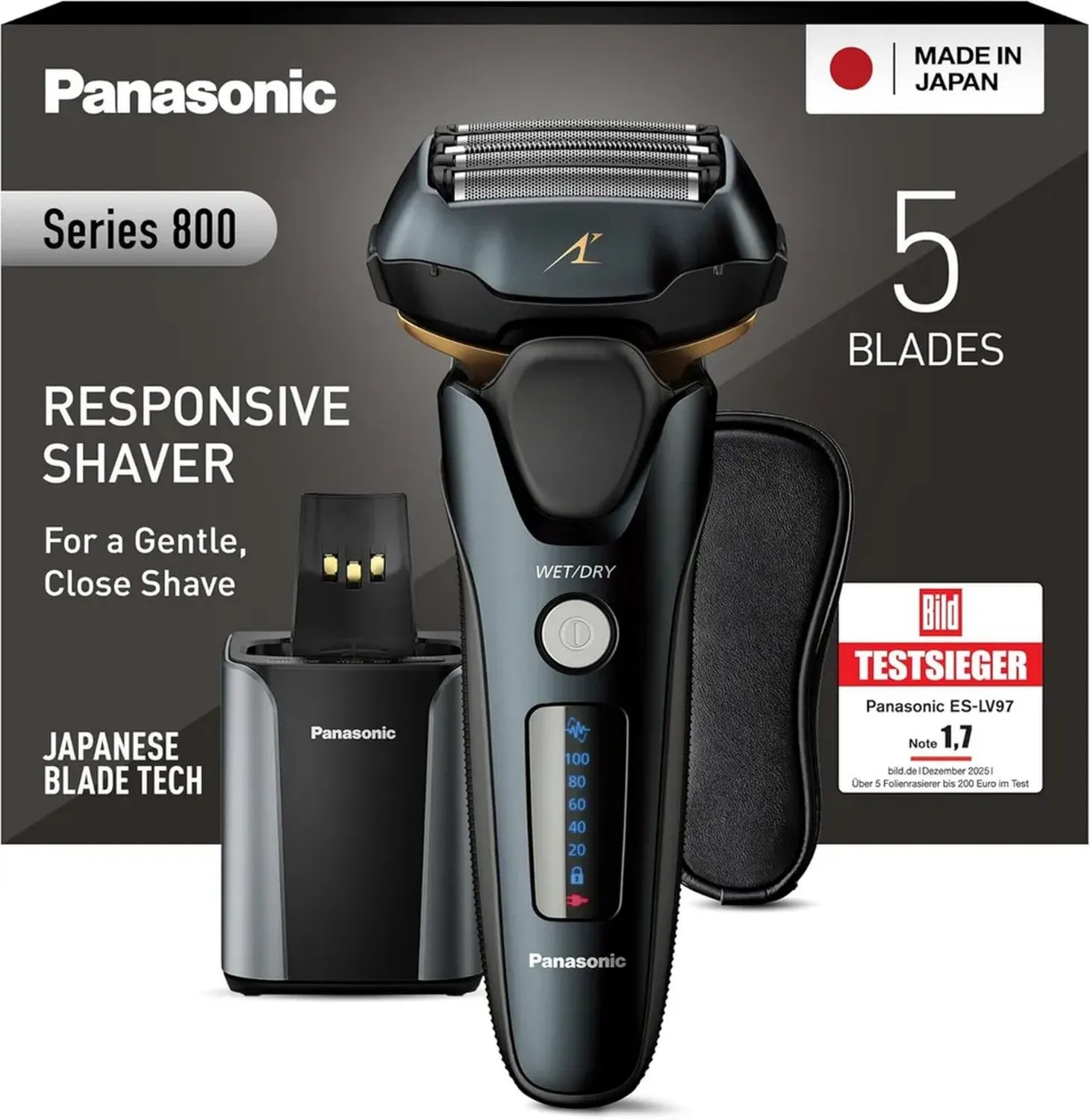 Panasonic Serie 800 Elektrorasierer für Nass- und Trockenanwendung, 5-fach Scherkopf mit Linearmotor, Reinigungs- und Ladestation, Schwarz