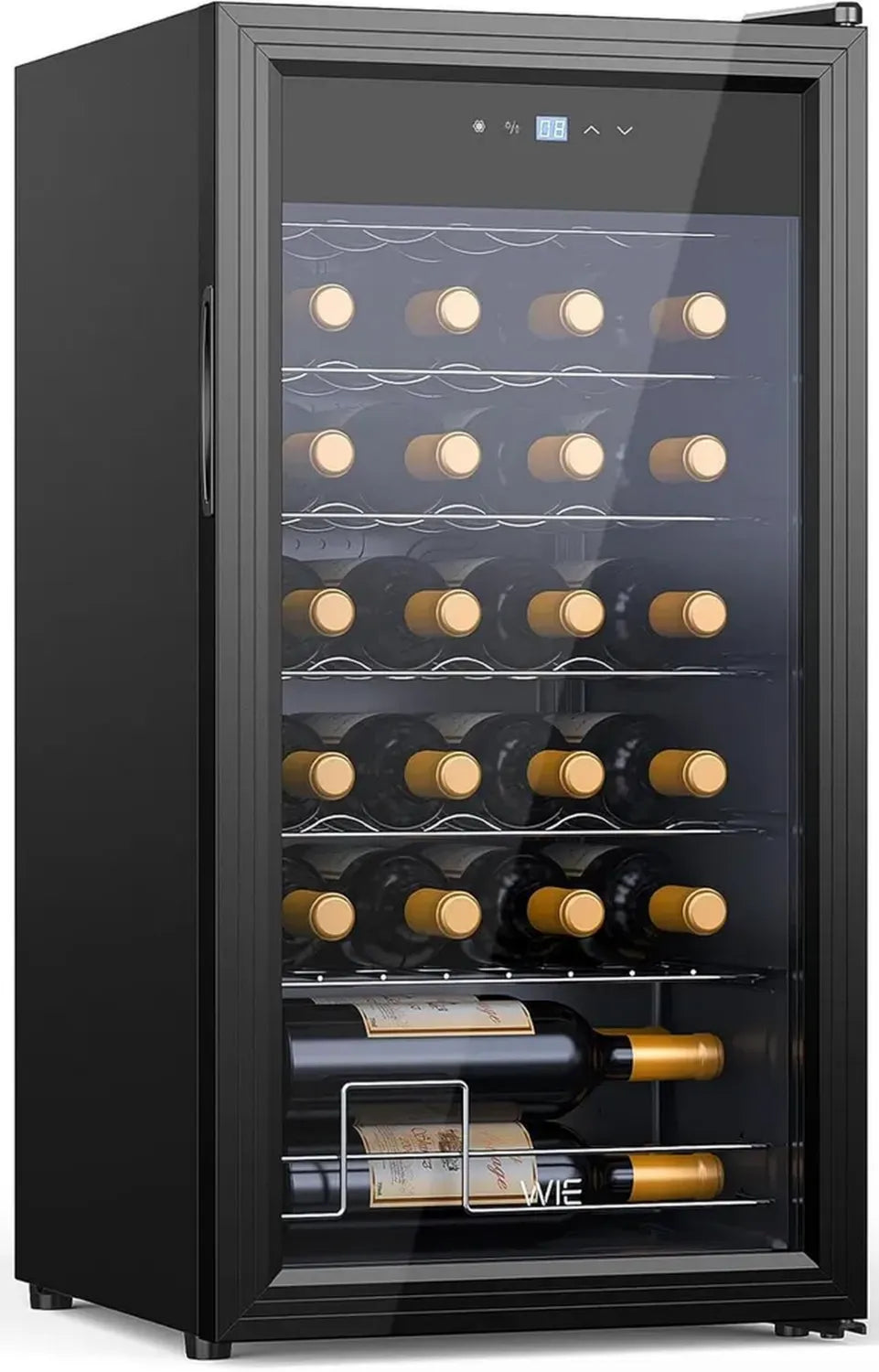Weinkühlschrank mit 82L Kapazität, Platz für 28 Flaschen, LED-Touch-Panel, UV-Schutz, Vollglastür, 5-18°C