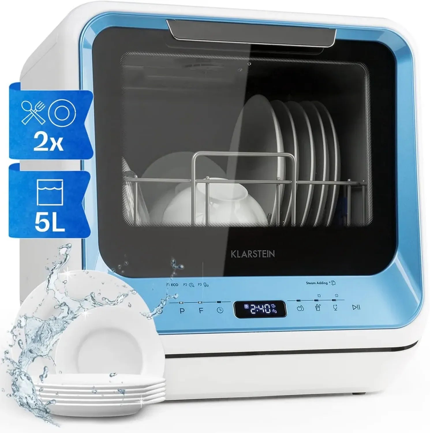 Klarstein Amazonia Mini Tischspülmaschine – Kompakter Geschirrspüler mit 5L Wassertank, 7 Programmen, Leise 58dB, Energieklasse D, Ideal für kleine Küchen und Reisen, Blau
