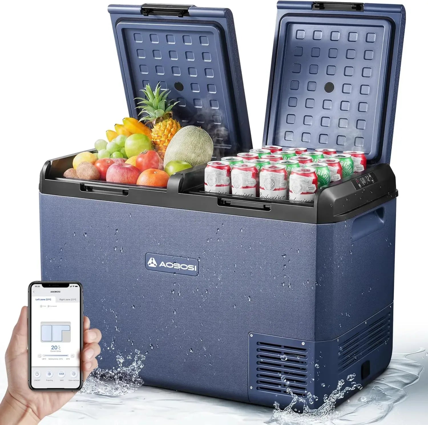 AAOBOSI 95L Dual-Zonen-Kompressorkühlbox mit App-Steuerung, Wasserdicht IPX4, 12V/230V, -20°C bis 20°C – Perfekt für Auto, LKW, Boot, Camping und Angeln