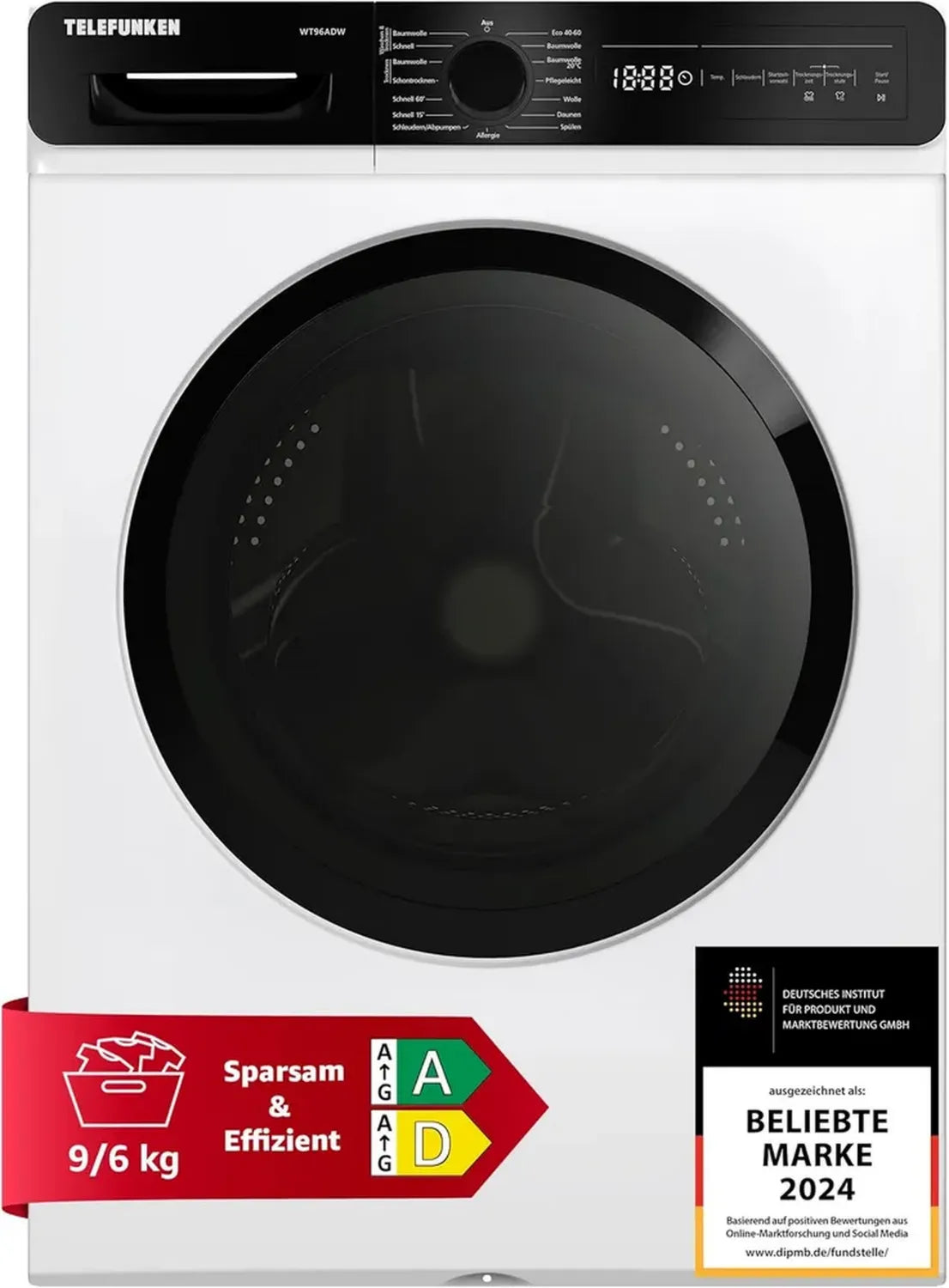 Telefunken Wasch-Trockner Kombigerät, 9 kg Waschen, 6 kg Trocknen, Frontlader mit Inverter-Motor, AquaStop, 15 Programme, Energieeffizienz A++, Weiß