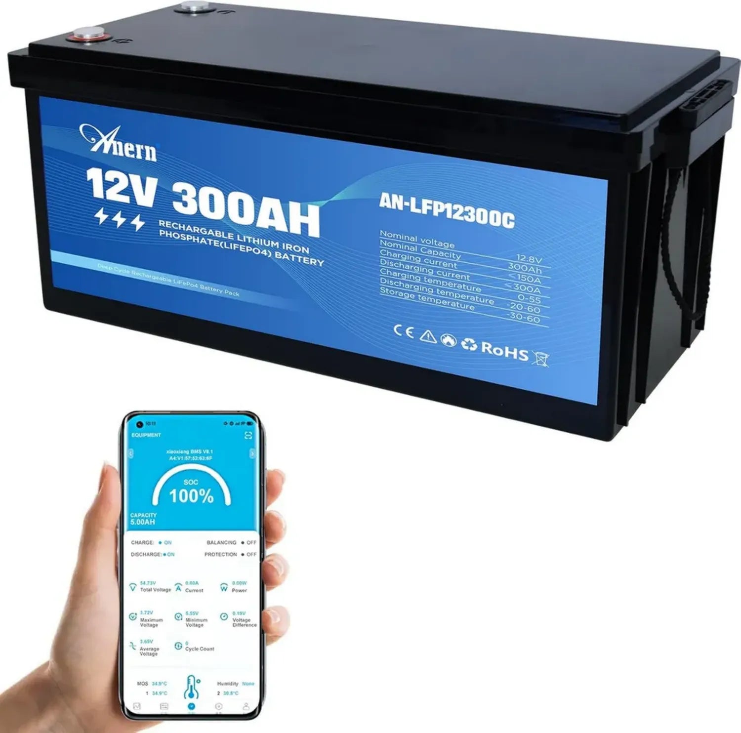 Anern LiFePO4 12V 300Ah Batterie mit Bluetooth und 300A BMS, ideal für Wohnmobile, Solar und Off-Grid