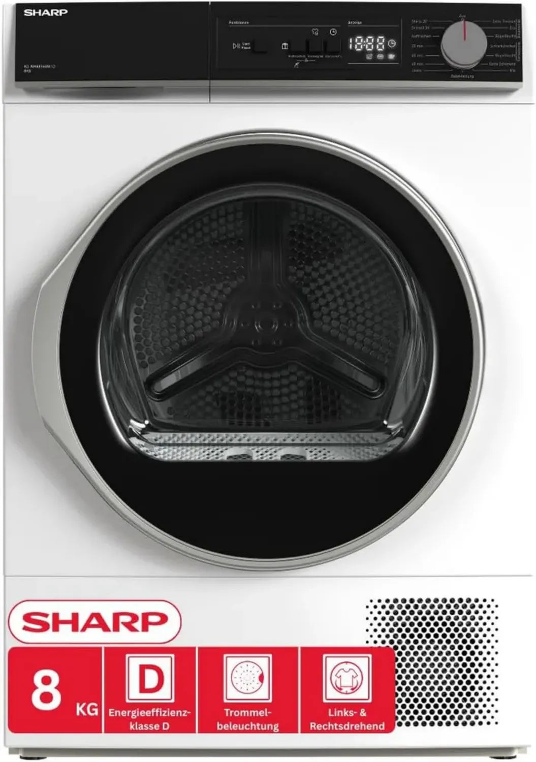 SHARP Wärmepumpentrockner 8 kg, LED-Anzeige, Schontrommel, Anti-Knitter, Innenbeleuchtung, 15 Programme, leise, Energieeffizienz D