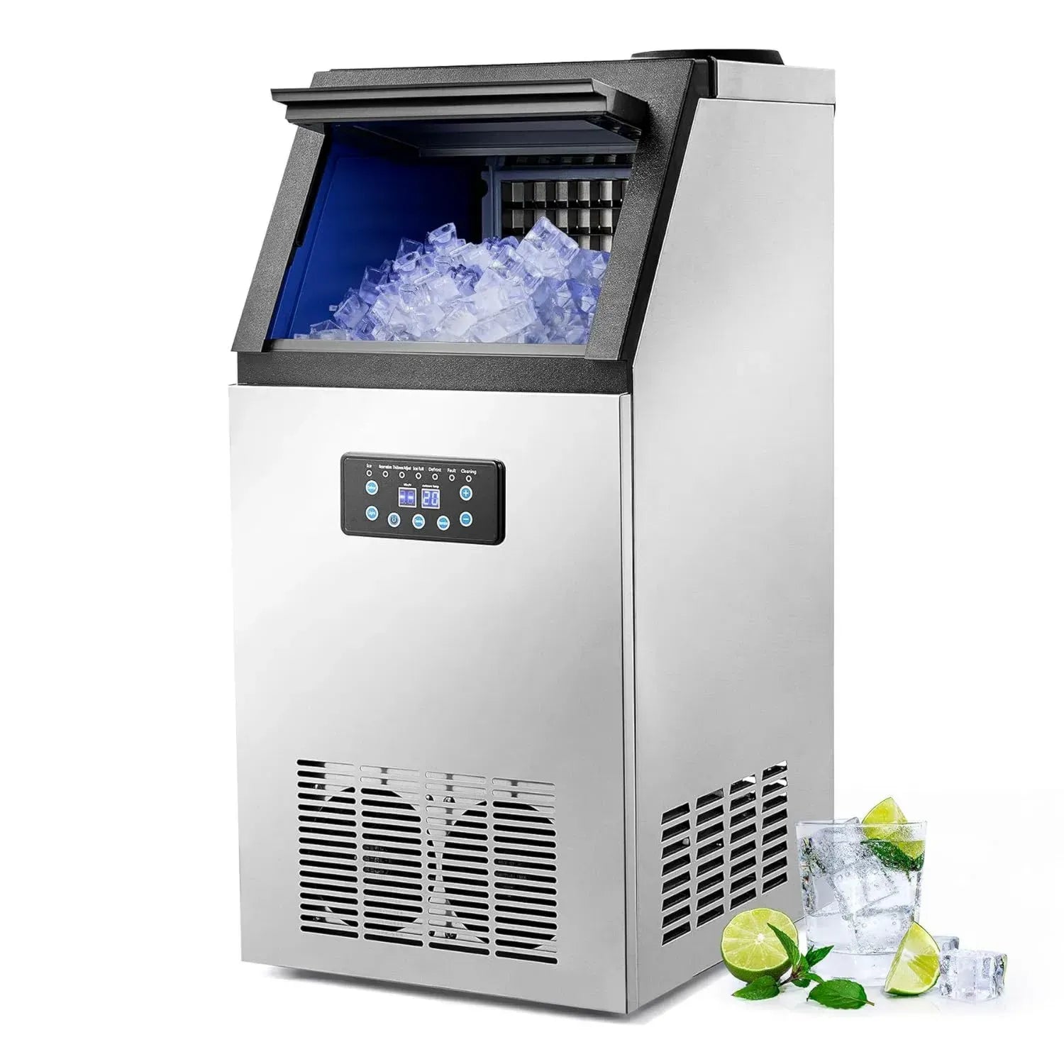 Profi-Eiswürfelbereiter 59kg/24H mit LCD-Anzeige, Edelstahl für Gastronomie und Büro