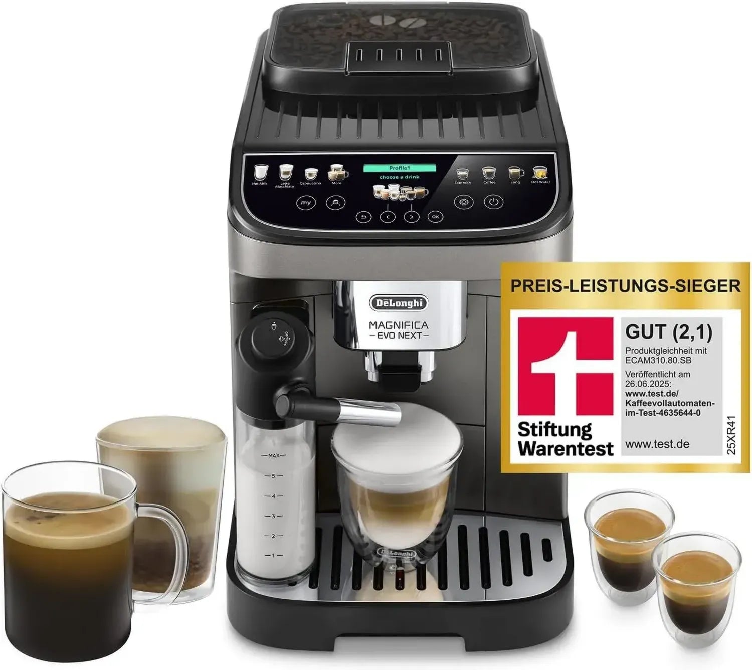 De'Longhi Magnifica Evo Next - Vielseitiger Kaffeevollautomat mit LatteCrema-System, 13 Getränke mit One-Touch-Funktion, Farb-Touchscreen, Titan (Modell ECAM312.80.TB)
