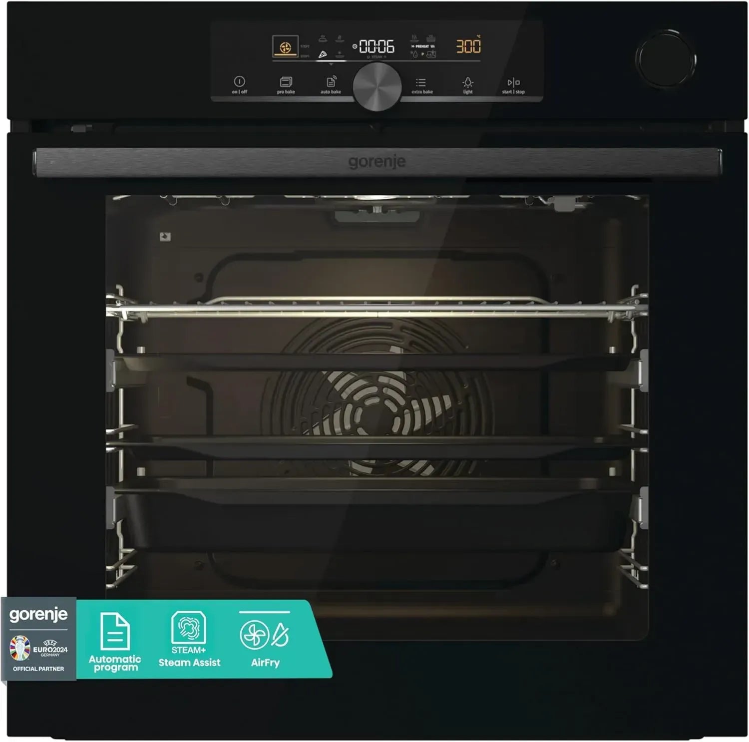 Gorenje Einbau-Backofen BPSA 6747: 77L, Pyrolyse, AutoBake, Touch, Bratenthermometer, SteamAssist, PizzaModus 300°C, Schwarz