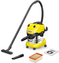 Kärcher WD 4 S V-20/5/22 Mehrzwecksauger, 20L Edelstahl, 1000W Leistung, 5m Kabel, 2,2m Schlauch, Bodenclipdüse, Einfaches Schließen, Gelb