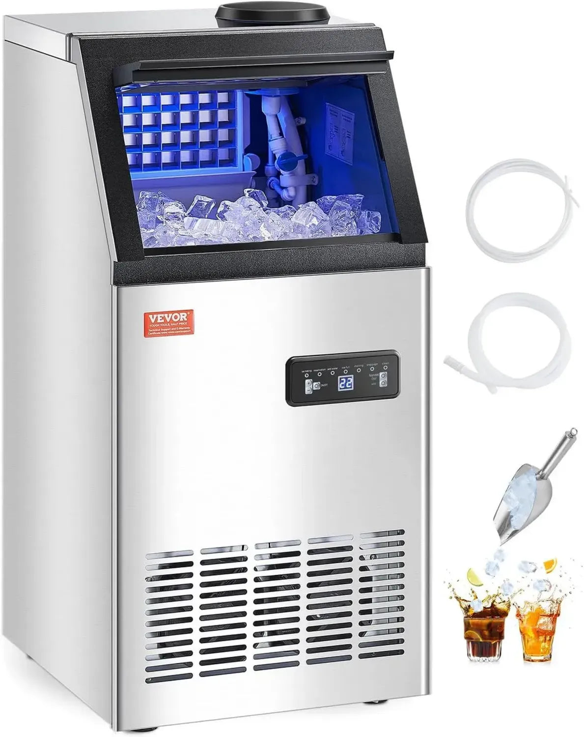 VEVOR Gewerbliche Eismaschine mit 50 kg/Tag Kapazität, 13 kg Speicher, 36 Würfel/15 Min, LED-Anzeige, Wasseranschluss & Tankoption