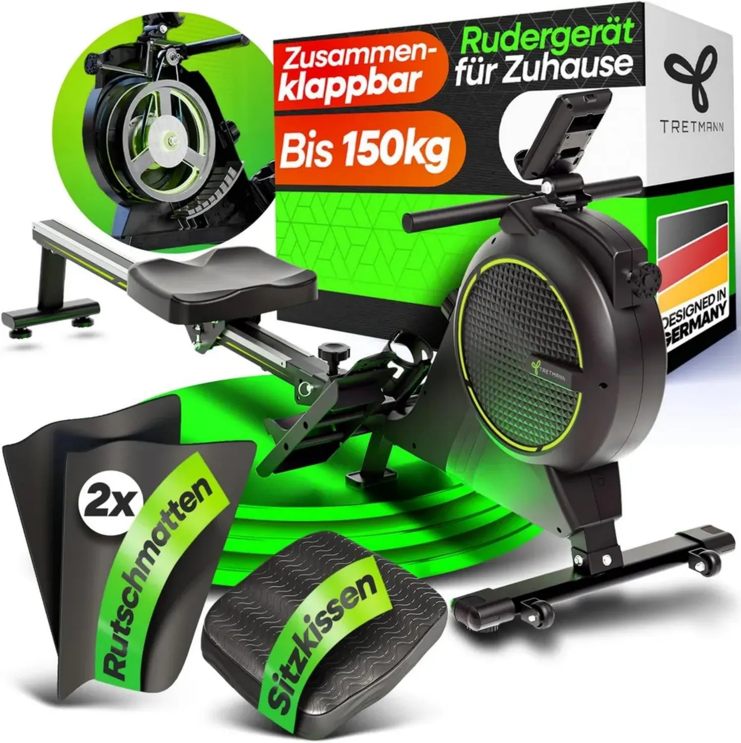 Tretmann Magnetisches Rudergerät für Zuhause mit Wirbelstrombremse, leise & ergonomisch, bis 150KG