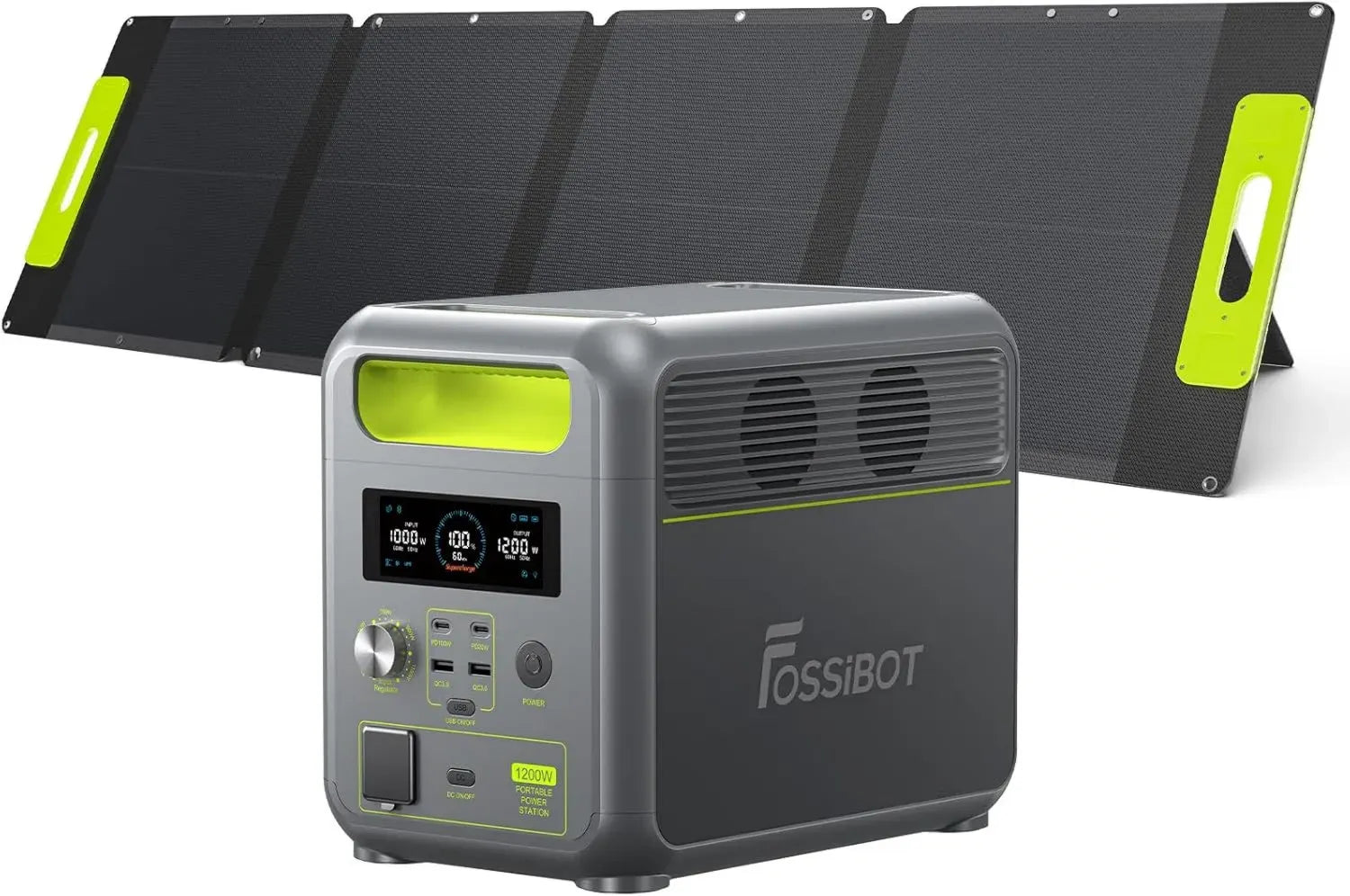 FOSSiBOT F1200 Tragbare Powerstation 1200W mit 110W Solarpanel, 1024Wh LiFePO4 Akku, 13 Anschlüsse für Outdoor und Camping