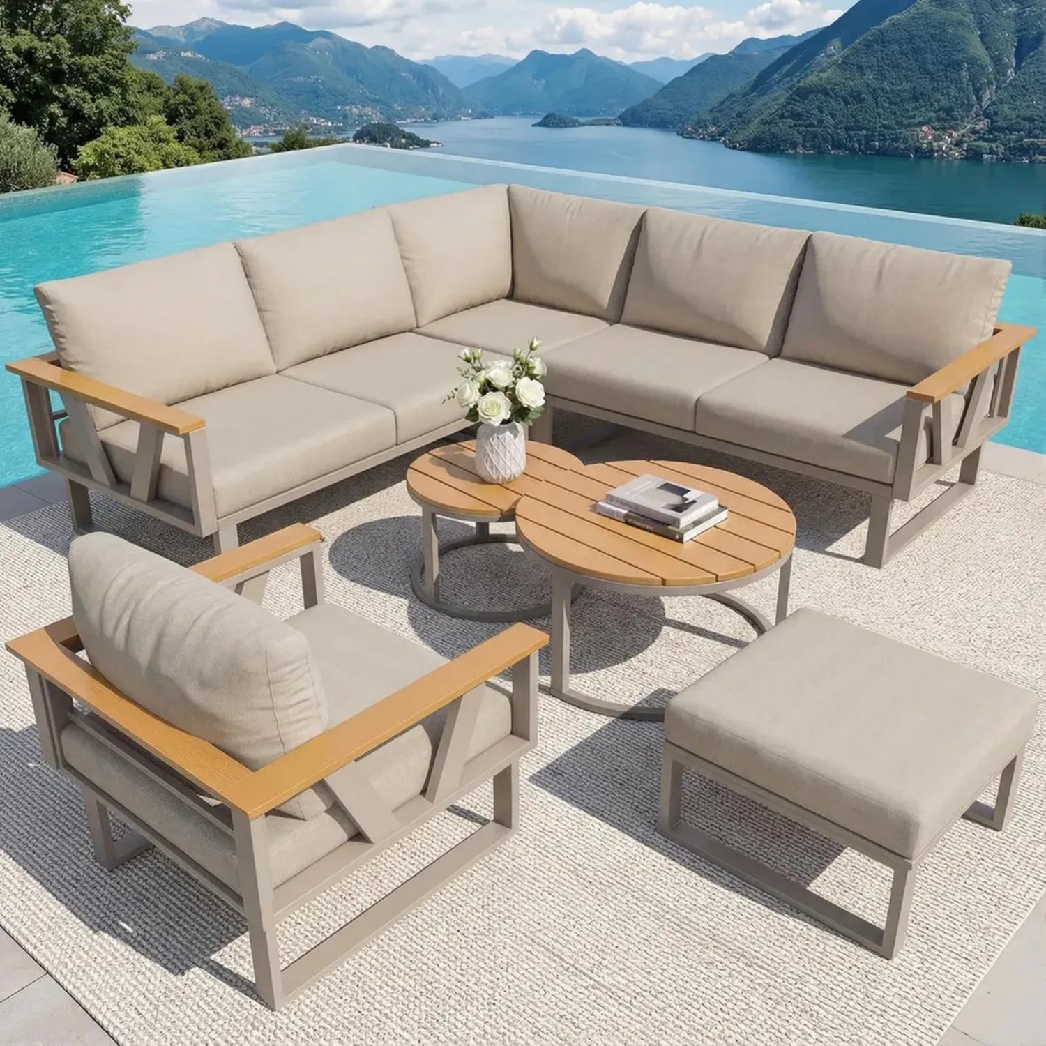 Gartensofa-Set L-Form mit Holzarmlehnen, wetterfest aus Eisen, inkl. Holztisch, Stühle & Hocker für 7 Personen, mit Kissen (Beige, 177x177x79cm)
