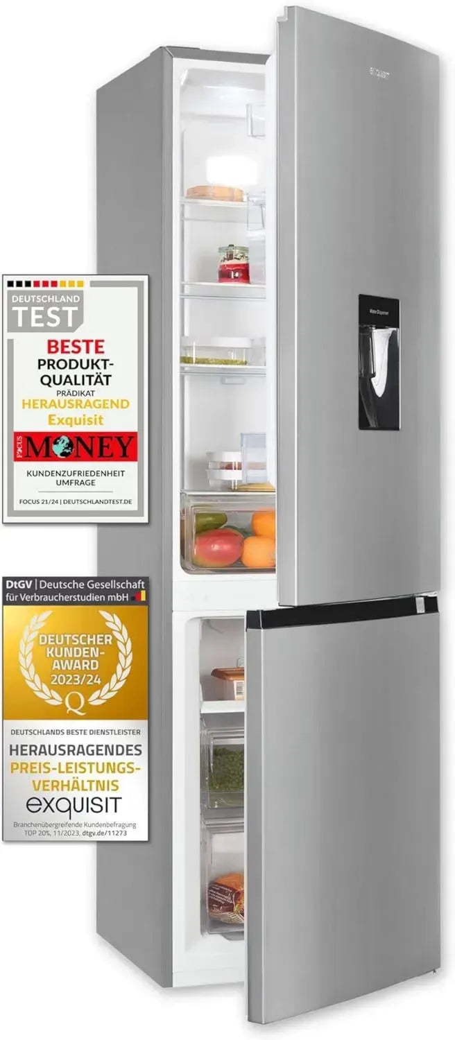 Exquisit Kühl-Gefrierkombination mit No-Frost und Wasserspender, 251L, Inox-Optik