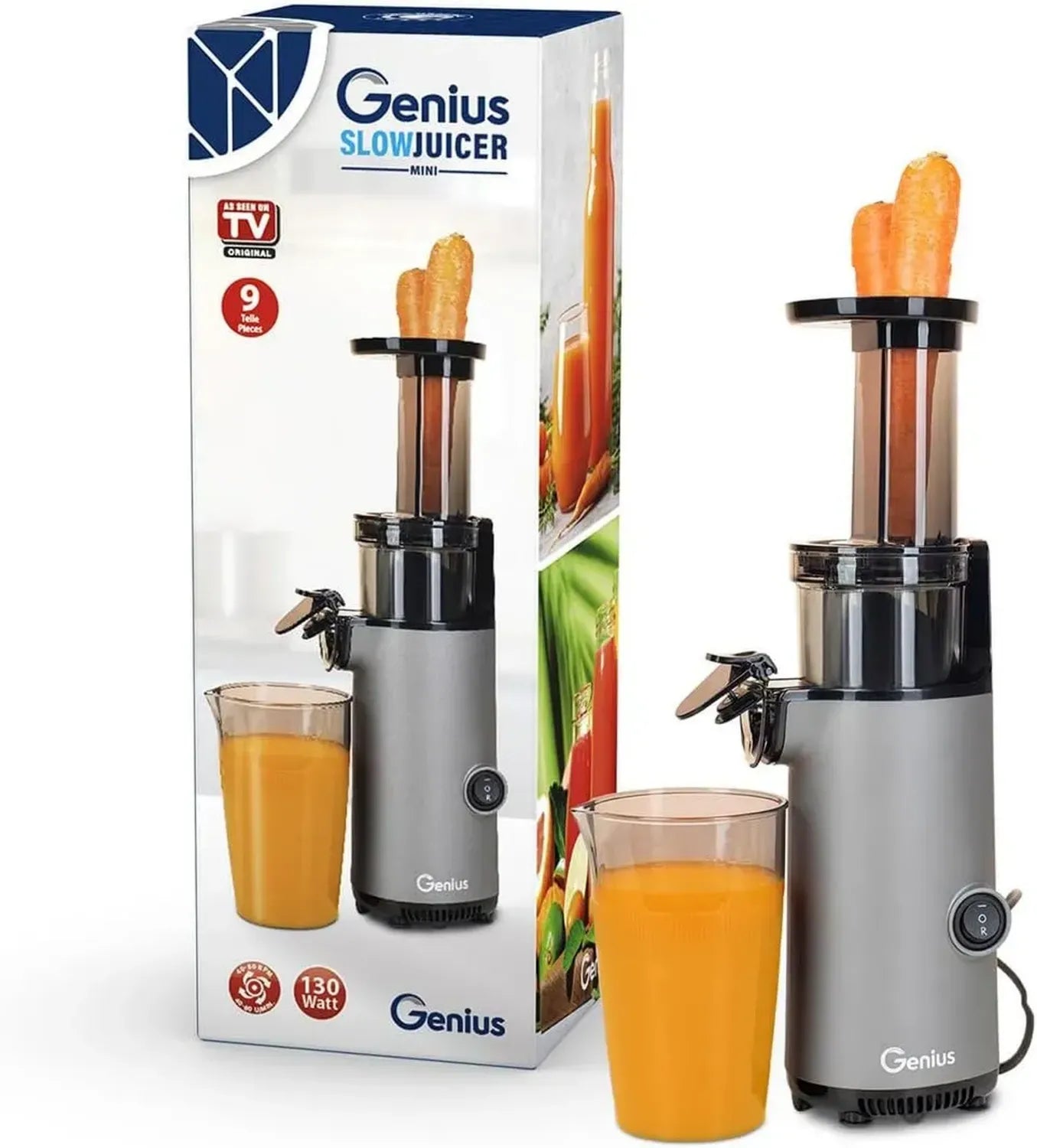 Leise Genius Slow Juicer Mini für Obst und Gemüse, 130W, Kaltpresse, 9-teiliges Set, einfache Reinigung