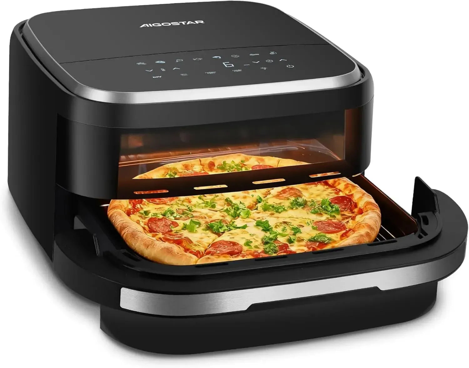 Aigostar XXL Heißluftfritteuse mit großer Garfläche, Extra-Crisp-Technologie, Pizzafunktion, Doppelheizung, Sichtfenster, 11 Programmen, Touchscreen, Metall-Innenraum, Schwarz