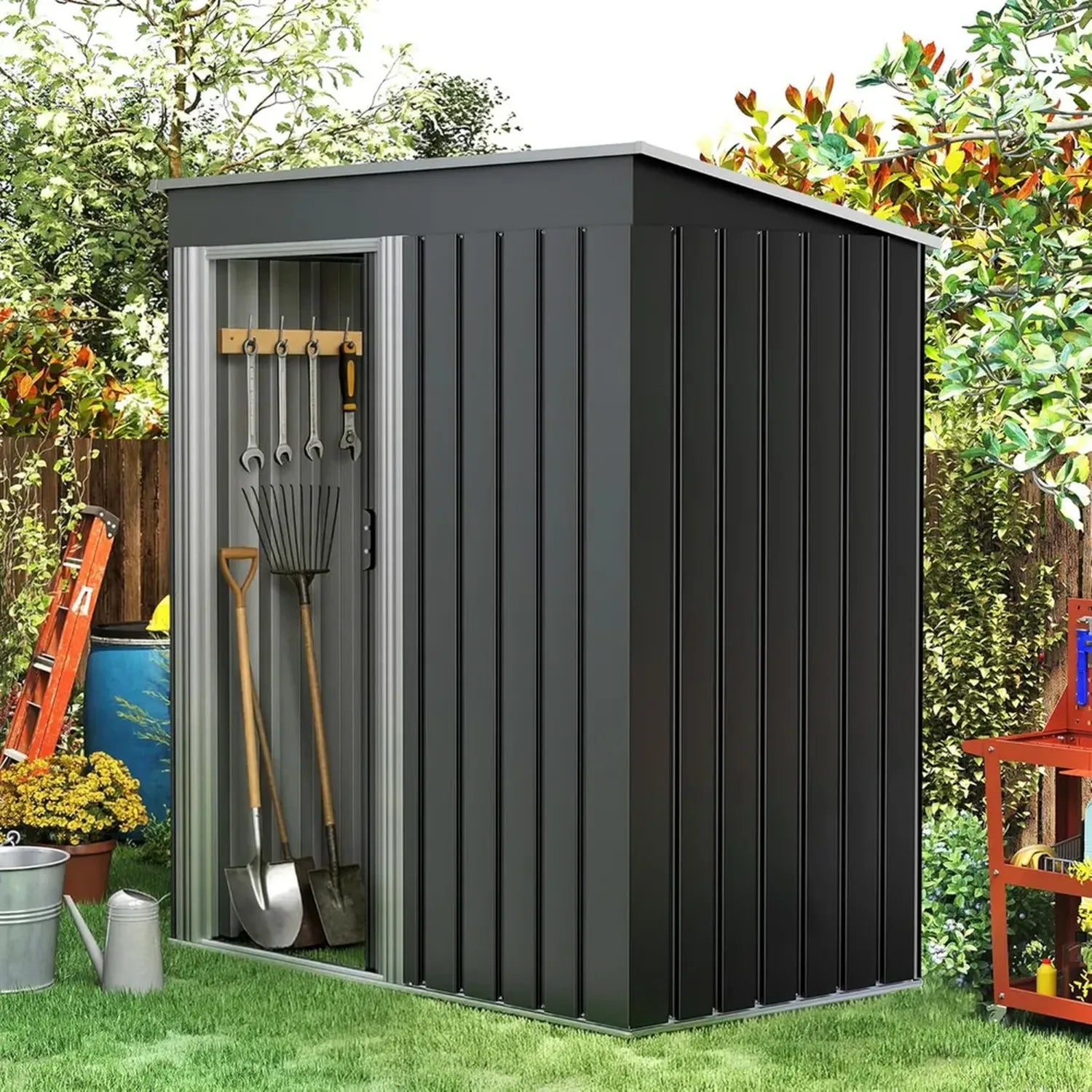 Metall-Geräteschuppen mit Schiebetür, 164x89x181cm, Rostfrei und Wasserdicht, Aus Verzinktem Stahl, Ideal für Garten, Wetterfest