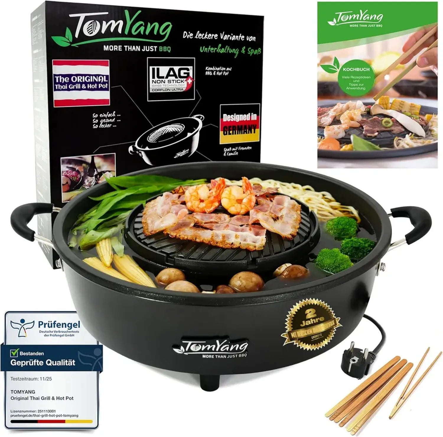 Elektrischer Thai Hot Pot Set mit Kochbuch & Grillzangen, Schnelle Aufheizzeit, Ideal für Korean BBQ & Mookata