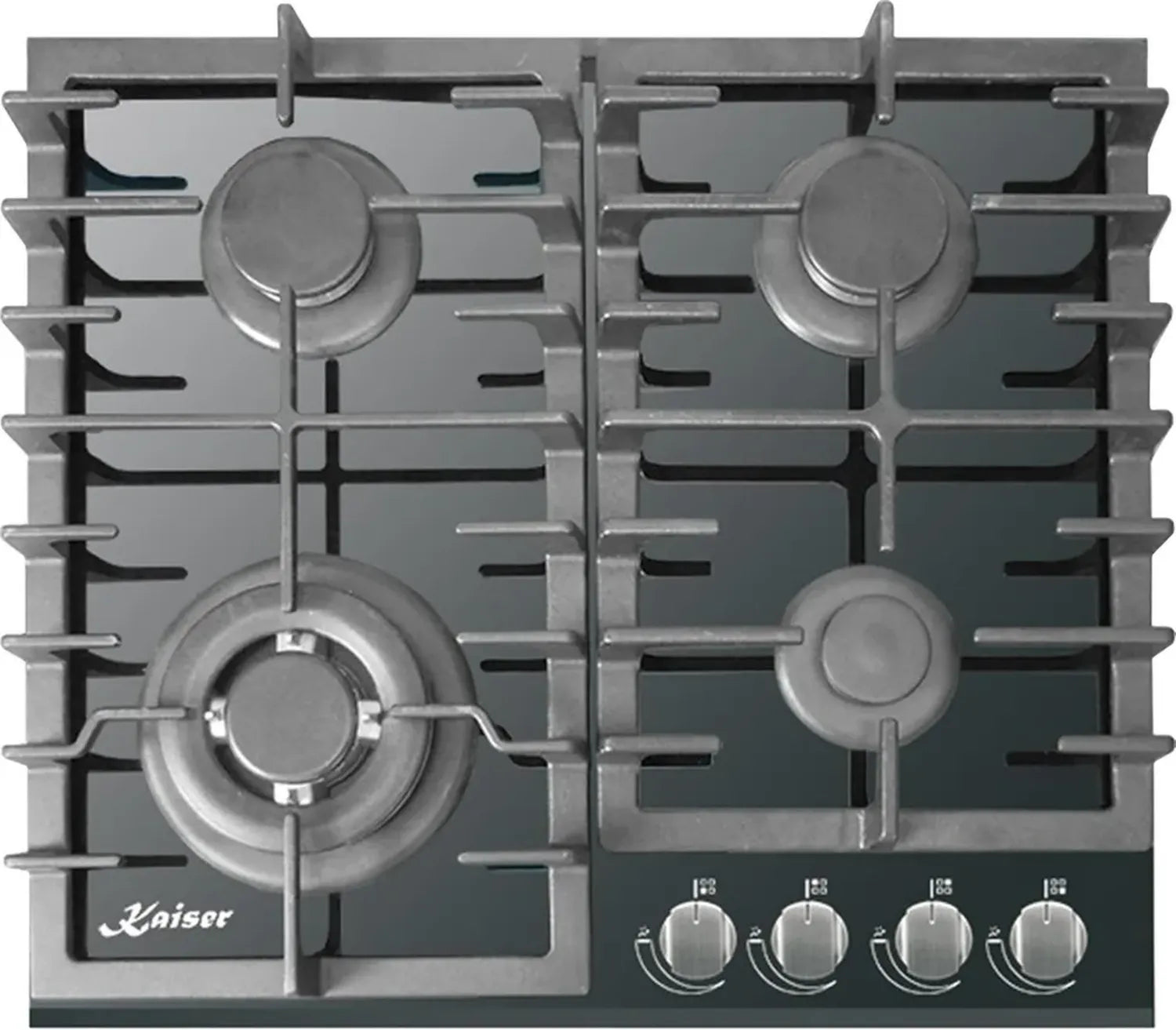 Kaiser Gaskochfeld 60cm, Autarkes Einbaugerät, Schwarzes Glaskeramik-Design, 3,8 kW Wok-Brenner, 4 Flammen, Erdgas und Flüssiggas
