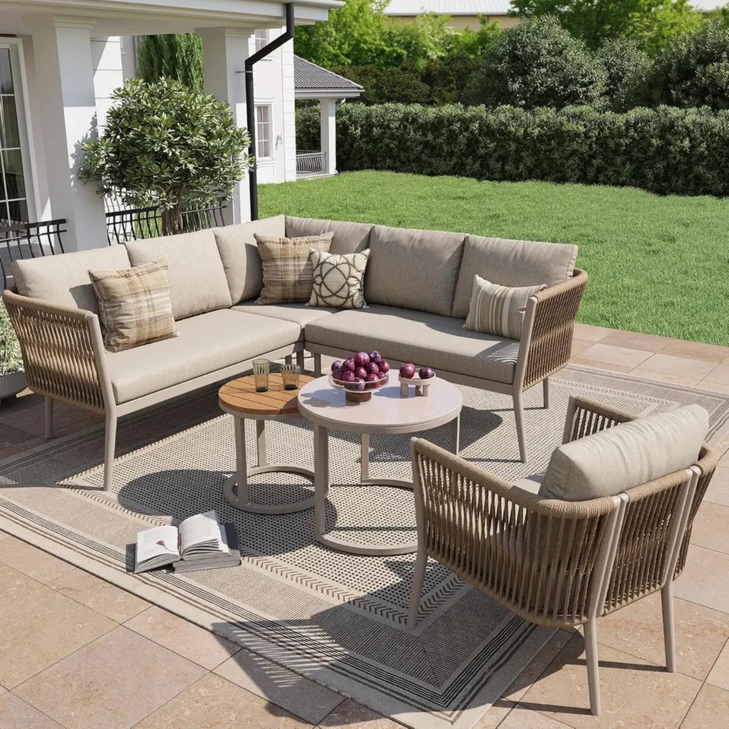 6-teilige Gartenlounge aus PE-Rattan für 5-6 Personen, wasserfestes Sofa-Set mit Kissen, modulares Ecksofa für Terrasse und Balkon (Beige)