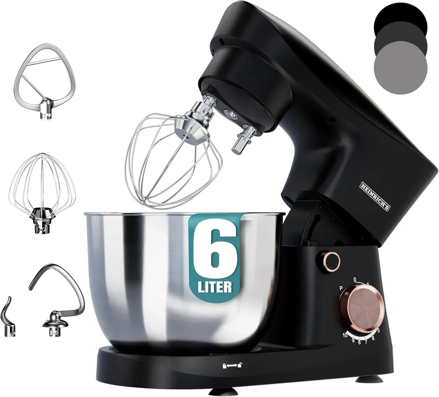 Heinrichs Multifunktionale Küchenmaschine, 1500W, 10 Geschwindigkeiten, 6L Edelstahlschüssel, Leise, Schwarz