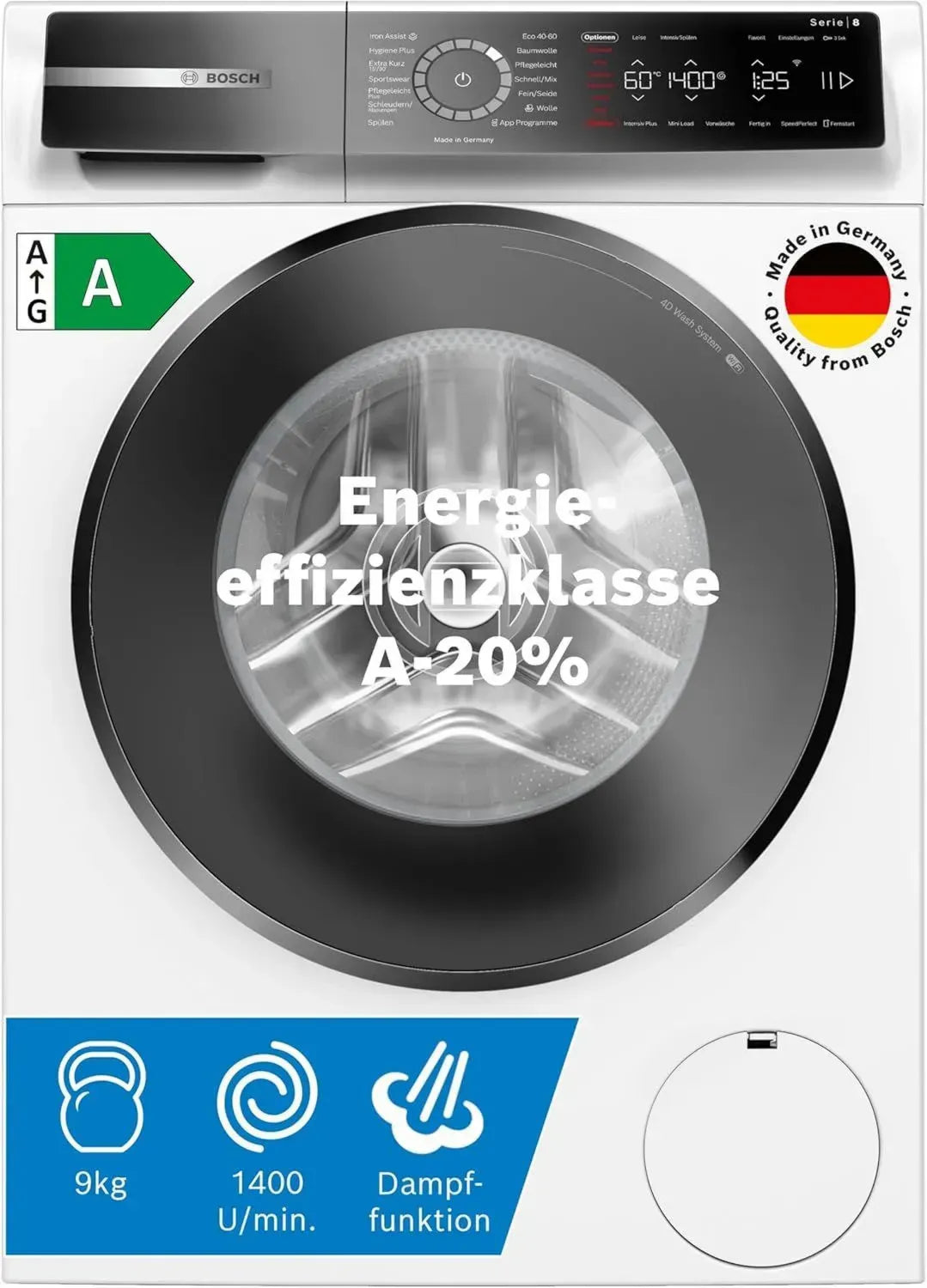 Bosch WGB244040 Serie 8 Intelligente Waschmaschine, 9 kg, 1400 UpM, Hergestellt in Deutschland, Wasser- und Energieeffizienz dank ActiveWater Plus, Dampfglättung mit Iron Assist, Mini Load Funktion