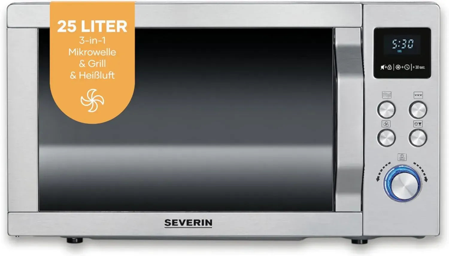 SEVERIN 3-in-1 Mikrowelle: Grill, Heißluft und Auftaufunktion, Edelstahl, Modell MW 7774