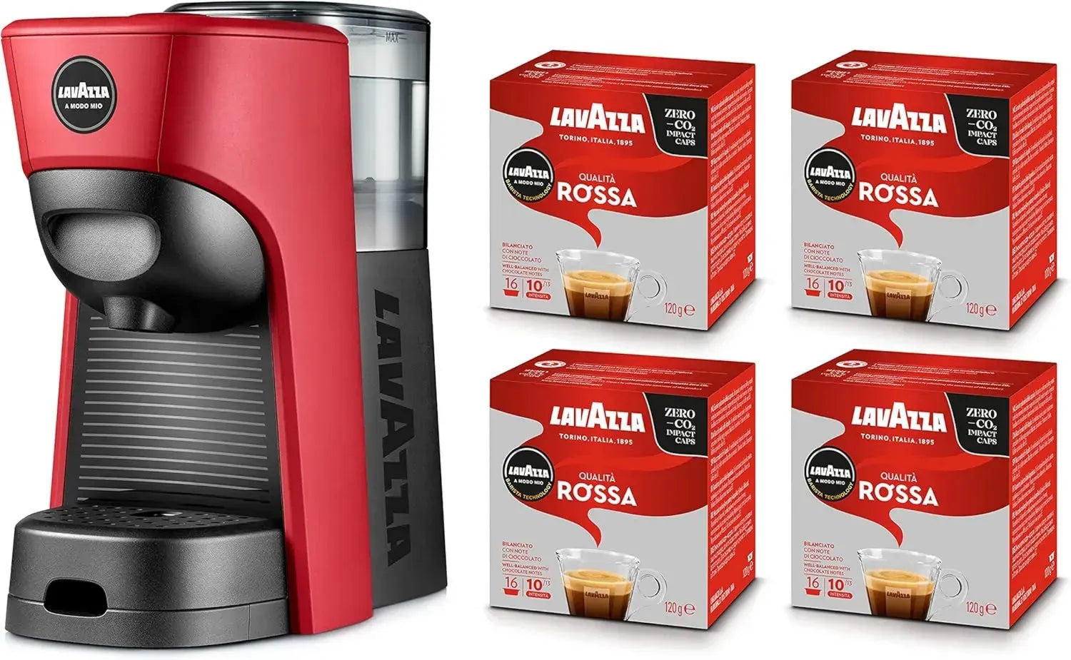 Lavazza A Modo Mio Kaffeemaschine Tiny Eco Rot mit 64 Kapseln, 1450 W, 0,6 L
