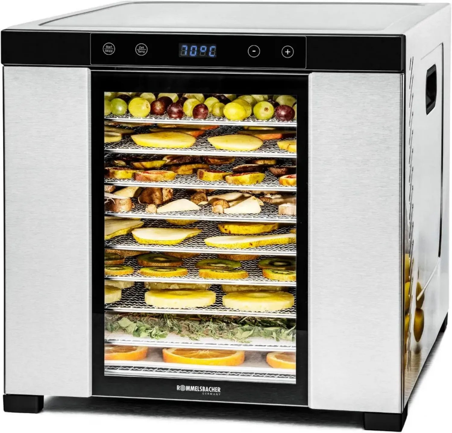 ROMMELSBACHER Edelstahl Dörrautomat 1000W, Große XXL-Dörrfläche, 10 Ebenen, LED-Anzeige, 24-Stunden-Timer, Einstellbare Temperatur 35-75°C