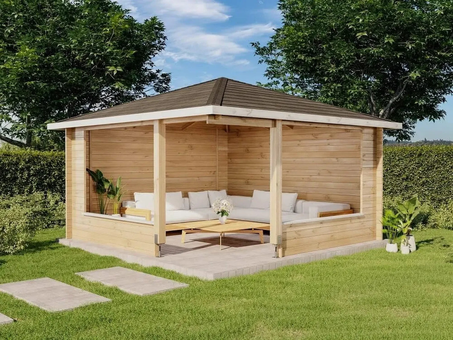 Massivholz Gartenlaube Maik-40, 5-Eck Design, 40 mm Wandstärke, inklusive Montagematerial, Gerätehaus 400 x 400 cm mit Spitzdach