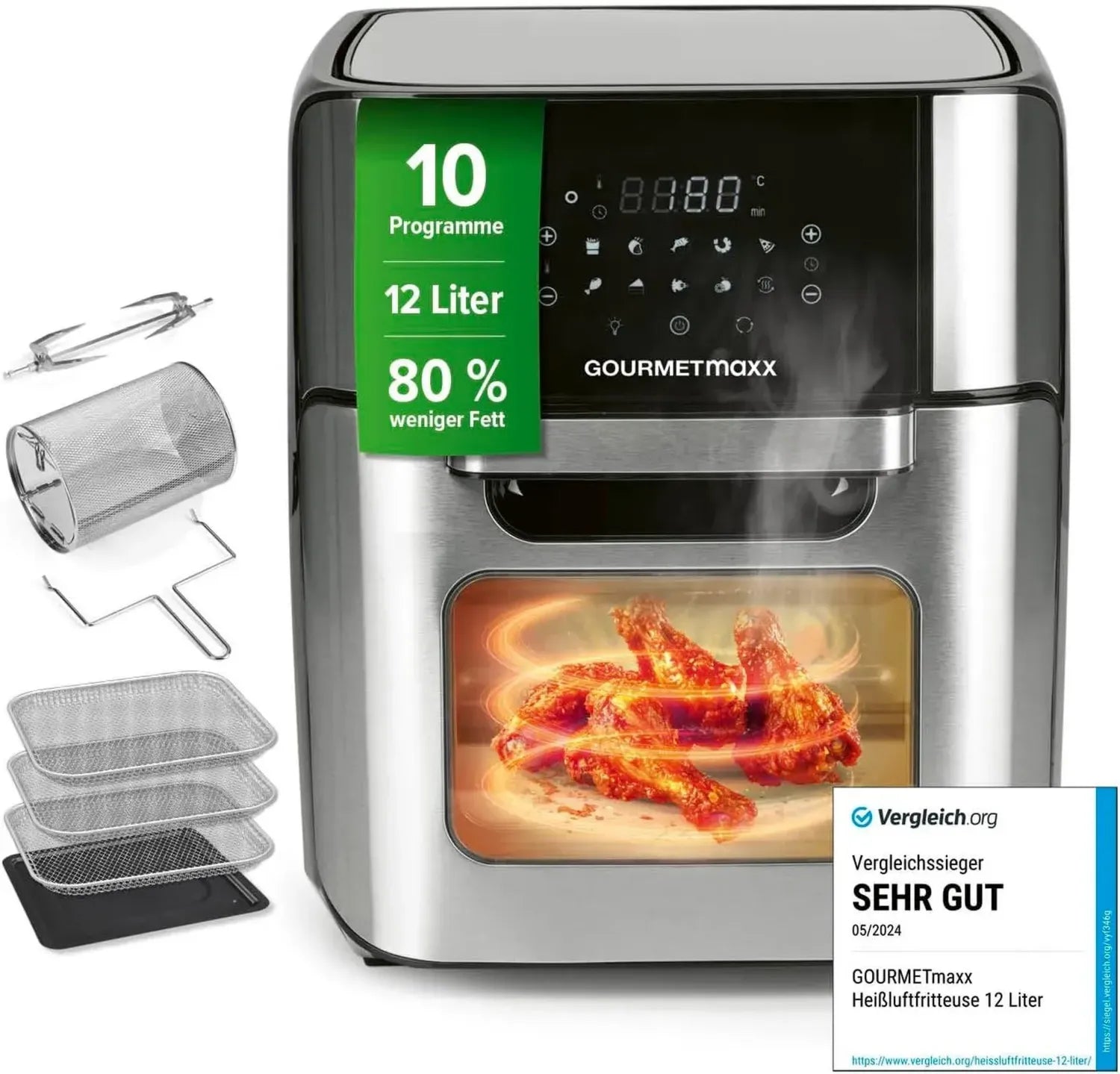 GOURMETmaxx Heißluftfritteuse 12L Edelstahl XXL – Energiesparender Airfryer mit Touchdisplay und Drehspieß, 10 Programme inklusive Pizza, 1800W