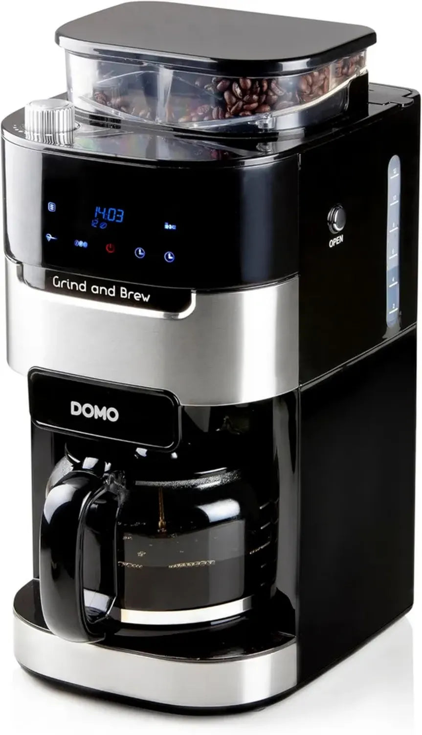 DOMO DO721K Kaffeemaschine mit Mahl- und Brühfunktion, LCD-Display, 1,5 L Kapazität, geeignet für ganze Bohnen und gemahlenen Kaffee