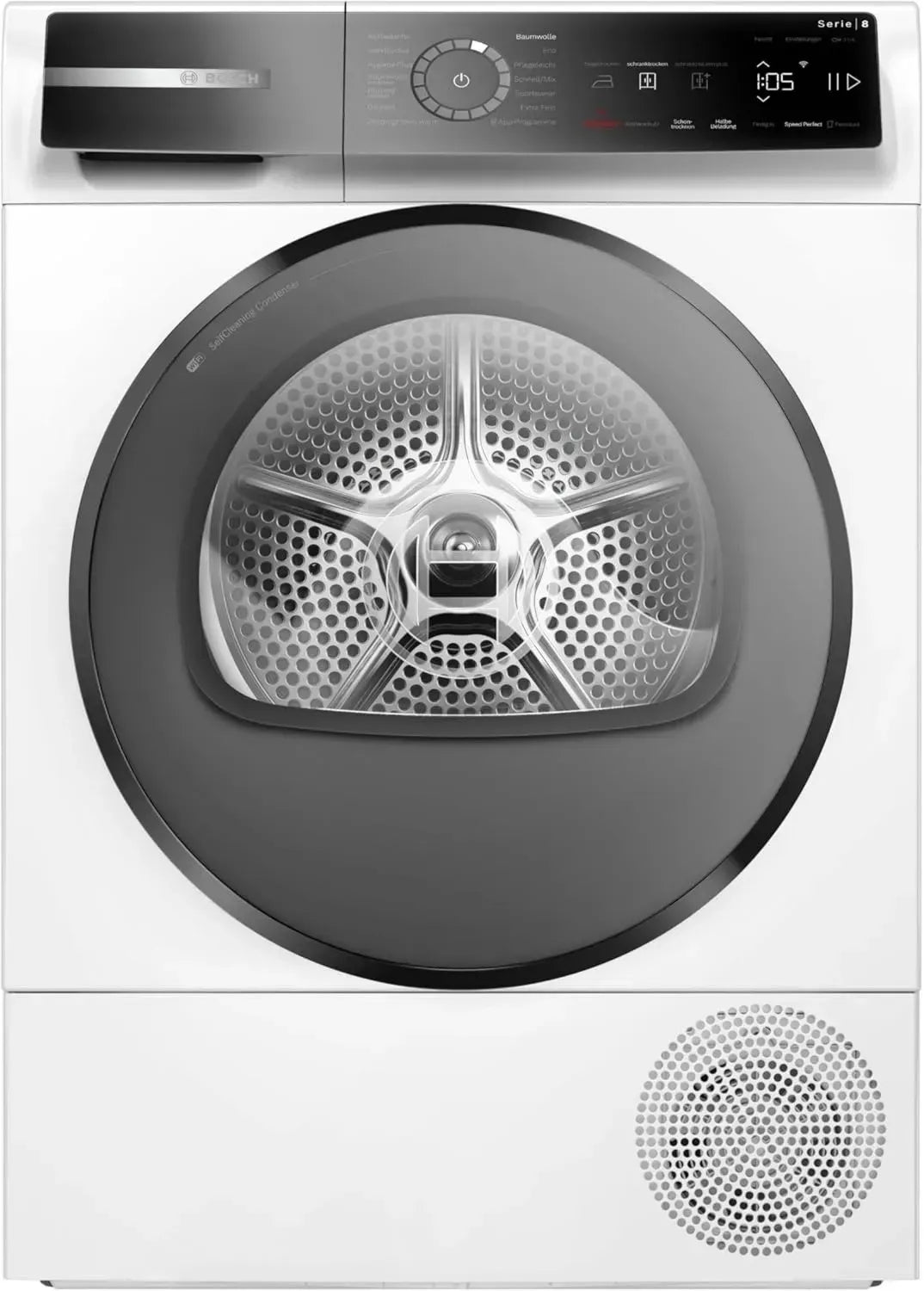 Bosch Serie 8 Wärmepumpentrockner 9kg, Flüsterleise, Schnelltrocknung, Selbstreinigende Technologie, Innenbeleuchtung, Home Connect, Weiß