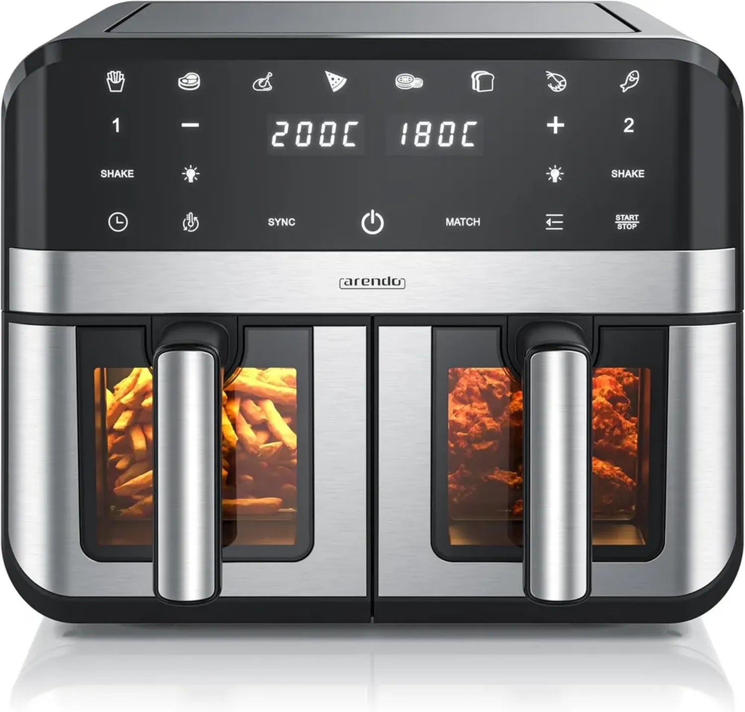 Arendo Heißluftfritteuse 9L - Doppelfach - XXL Volumen - 2400 W - Sichtfenster & Beleuchtung - 8in1 Airfryer mit Touchscreen - 8 Programme für gesunde Küche